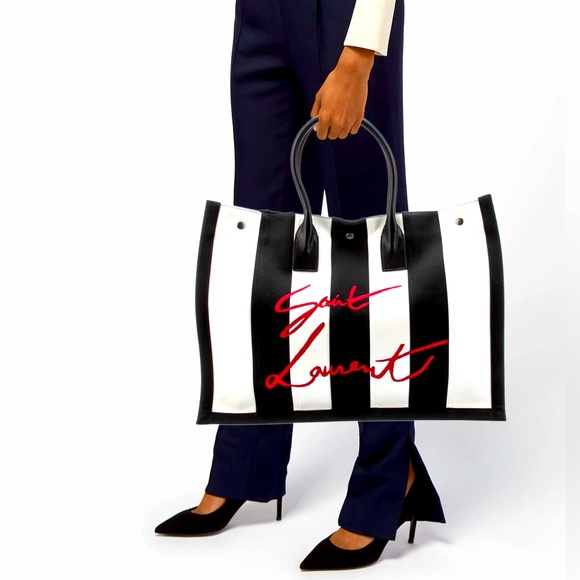 NEW RARE SAINT LAURENT Rive Gauche YSL Cabas Striped large Tote bag - Picture 3 of 10